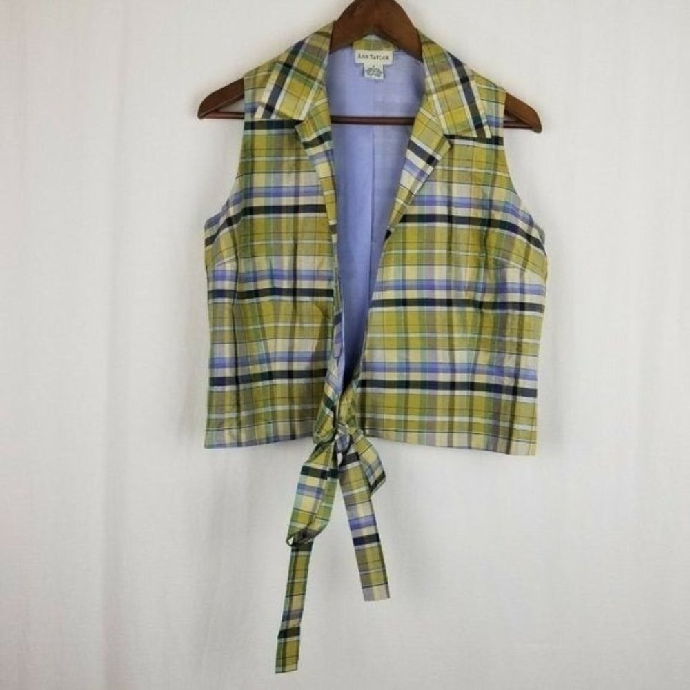 Ann Taylor Silk Vest Tie Front Size 8 Plaid